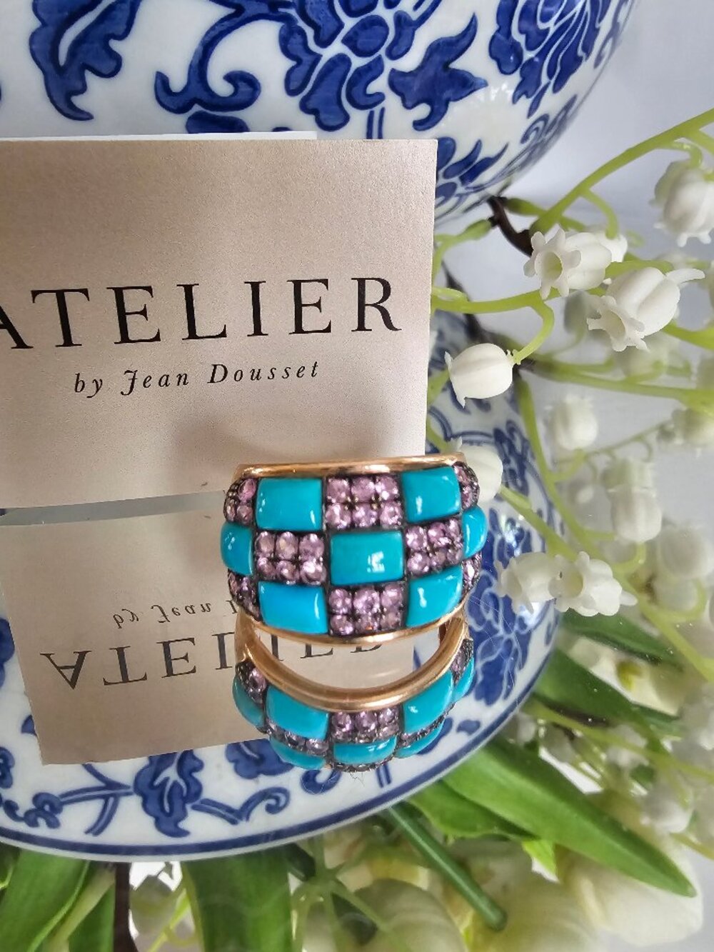 LALI 14K  Rose Gold Sleeping Beauty Turquoise and Amethyst Ring. size 9